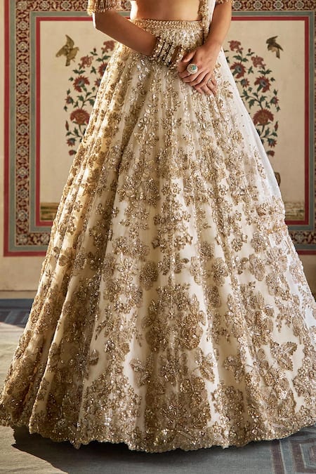 Seema Gujral_Ivory Organza Sequins, Embroidery V-neck Floral Jaal Pattern Lehenga Set _Online_at_Aza_Fashions