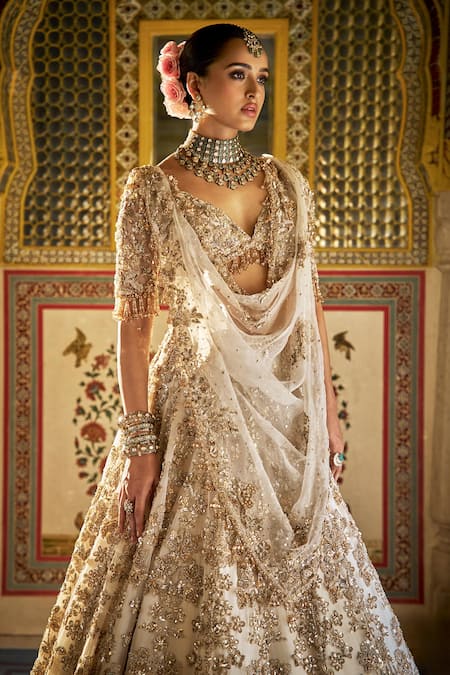 Shop_Seema Gujral_Ivory Organza Sequins, Embroidery V-neck Floral Jaal Pattern Lehenga Set _Online_at_Aza_Fashions