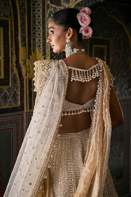 Shop_Seema Gujral_Ivory Organza Pearls Sweetheart Neck Embroidered Lehenga Set _at_Aza_Fashions