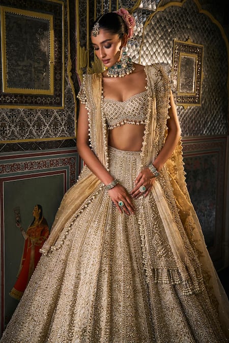 Seema Gujral_Ivory Organza Pearls Sweetheart Neck Embroidered Lehenga Set _Online_at_Aza_Fashions