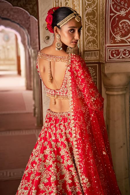 Shop_Seema Gujral_Red Silk, Net Crystals, Zari, Sequins, Embroidery V-neck Bridal Lehenga Set _at_Aza_Fashions