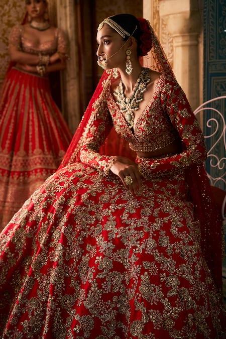 Seema Gujral_Red Silk, Net Crystals, Zari, Sequins, Embroidery V-neck Bridal Lehenga Set _Online_at_Aza_Fashions