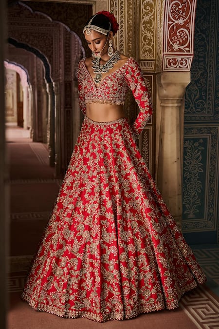 Buy_Seema Gujral_Red Silk, Net Crystals, Zari, Sequins, Embroidery V-neck Bridal Lehenga Set _Online_at_Aza_Fashions
