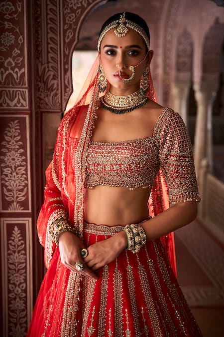 Seema Gujral Red Silk, Net Beads, Sequins, Zari, Embroidery Zardozi Bridal Lehenga Set Online at Aza Fashions Seema Gujral_Red Silk, Net Beads, Sequins, Zari, Embroidery Zardozi Bridal Lehenga Set _Online_at_Aza_Fashions