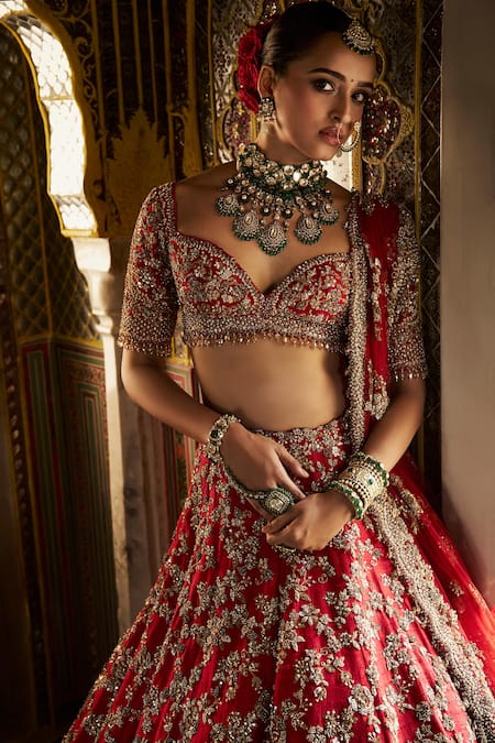 Seema Gujral_Red Silk, Net Sequins, Embroidery, Beads Floral Jaal Pattern Lehenga Set _Online_at_Aza_Fashions