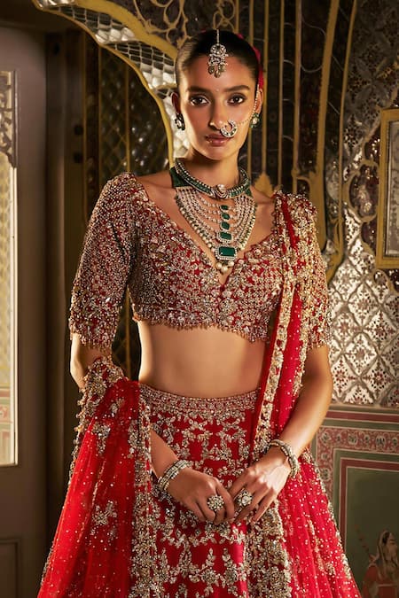 Seema Gujral_Red Silk, Net Sequins, Embroidery, Zari V-neck Zardozi Lehenga Set _Online_at_Aza_Fashions