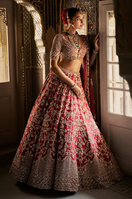Buy_Seema Gujral_Red Silk, Net Sequins, Embroidery, Zari V-neck Zardozi Lehenga Set _Online_at_Aza_Fashions