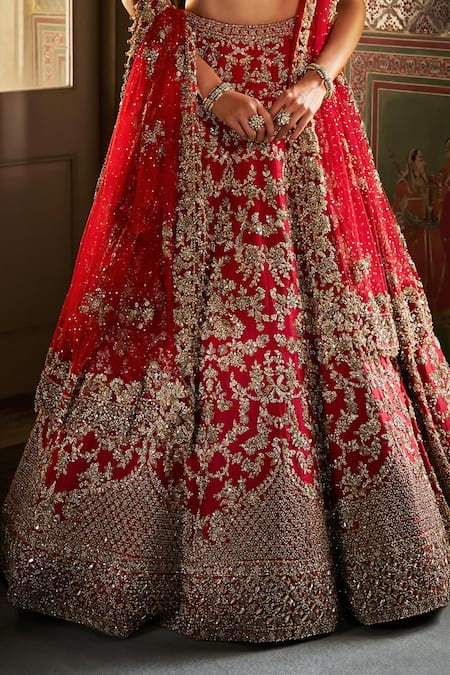 Shop_Seema Gujral_Red Silk, Net Sequins, Embroidery, Zari V-neck Zardozi Lehenga Set _Online_at_Aza_Fashions