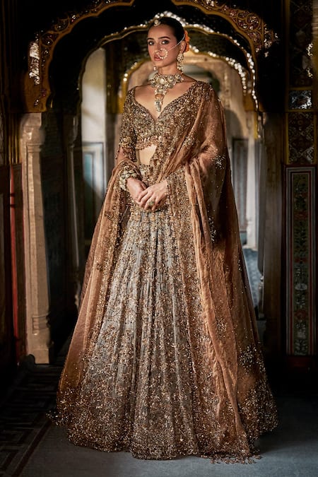 Seema Gujral Green Silk, Tissue Sequins, Embroidery, Beads Jade Crystal Lehenga Set