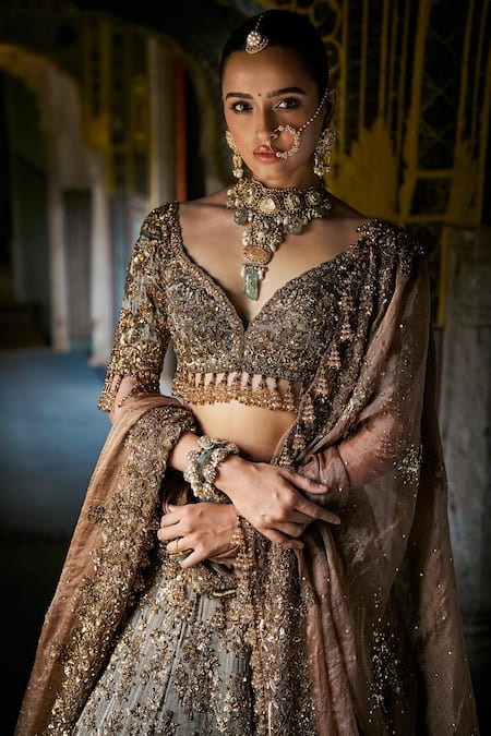 Seema Gujral_Green Silk, Tissue Sequins, Embroidery, Beads Jade Crystal Lehenga Set _Online_at_Aza_Fashions
