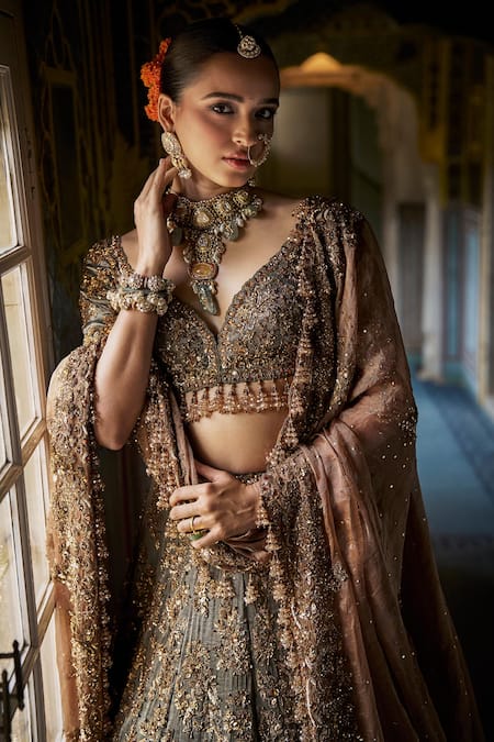Buy_Seema Gujral_Green Silk, Tissue Sequins, Embroidery, Beads Jade Crystal Lehenga Set _Online_at_Aza_Fashions