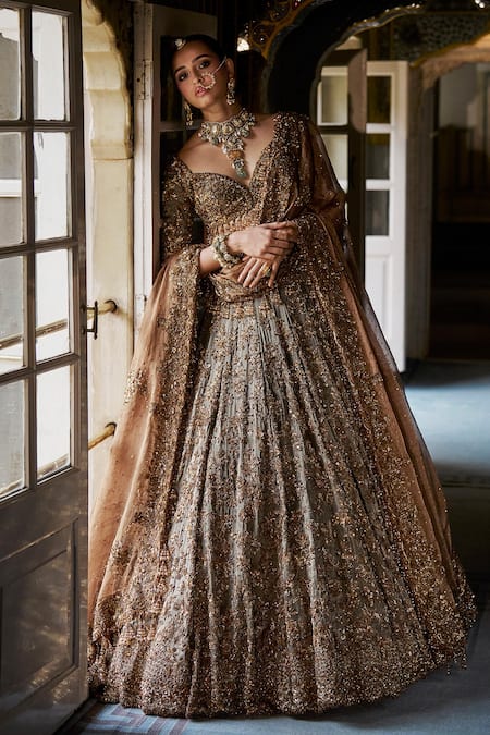 Shop_Seema Gujral_Green Silk, Tissue Sequins, Embroidery, Beads Jade Crystal Lehenga Set _Online_at_Aza_Fashions