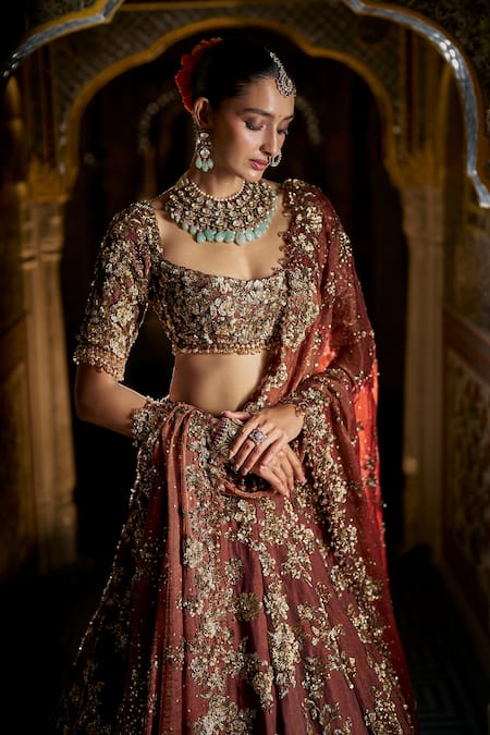 Seema Gujral_Maroon Tissue, Silk Sequins, Embroidery Round Floral Jaal Pattern Lehenga Set _Online_at_Aza_Fashions