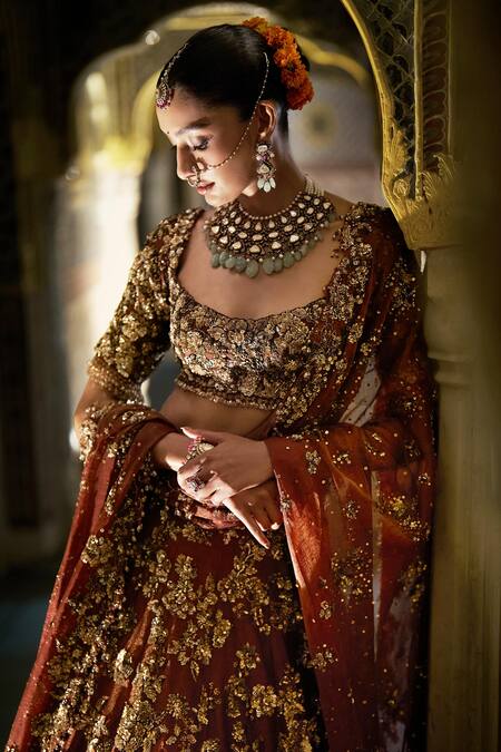 Buy_Seema Gujral_Maroon Tissue, Silk Sequins, Embroidery Round Floral Jaal Pattern Lehenga Set _Online_at_Aza_Fashions