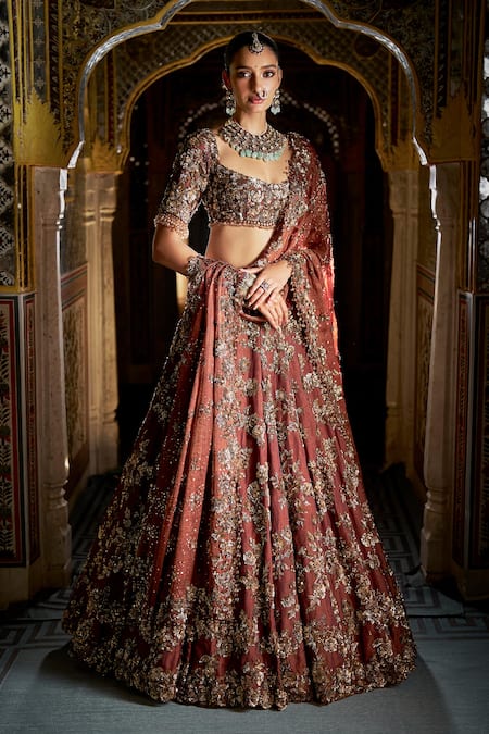 Seema Gujral Maroon Tissue, Silk Sequins, Embroidery Round Floral Jaal Pattern Lehenga Set 