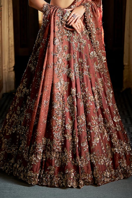 Shop_Seema Gujral_Maroon Tissue, Silk Sequins, Embroidery Round Floral Jaal Pattern Lehenga Set _Online_at_Aza_Fashions