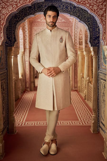 Seema Gujral Gold Silk Brooches, Embroidery Tonal Floral Sherwani Set 