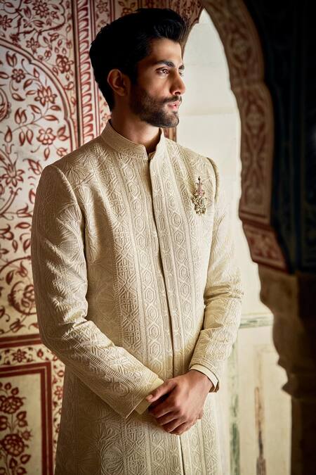 Seema Gujral_Gold Silk Brooches, Embroidery Tonal Floral Sherwani Set _Online_at_Aza_Fashions