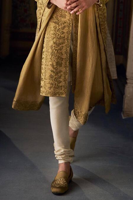 Seema Gujral_Gold Tissue, Silk, Cotton Embroidery Floral Sherwani Set _Online_at_Aza_Fashions