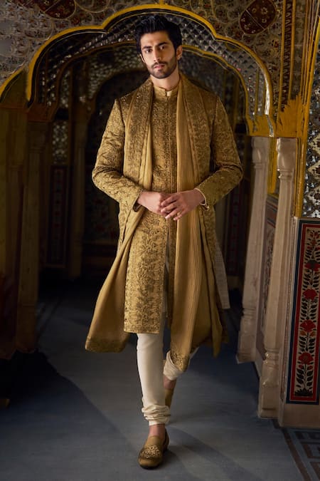 Seema Gujral Gold Tissue, Silk, Cotton Embroidery Floral Sherwani Set