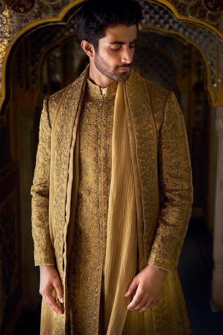Buy_Seema Gujral_Gold Tissue, Silk, Cotton Embroidery Floral Sherwani Set _Online_at_Aza_Fashions