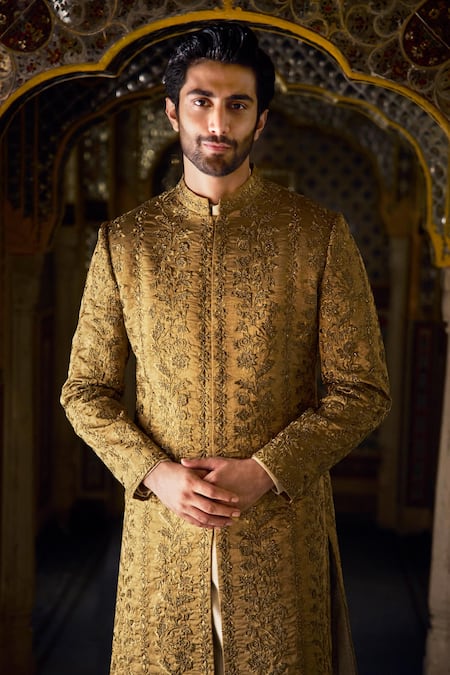 Shop_Seema Gujral_Gold Tissue, Silk, Cotton Embroidery Floral Sherwani Set _Online_at_Aza_Fashions