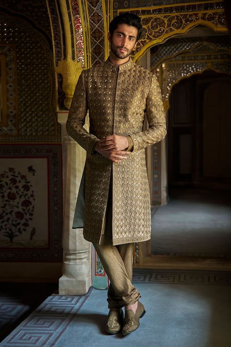 Seema Gujral Gold Silk Embroidery Geometric Work Sherwani Kurta Set 