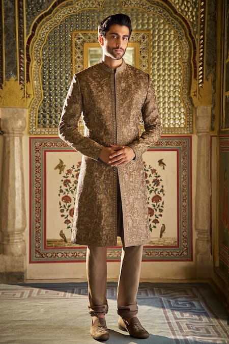 Seema Gujral Slate Silk Embroidery Sherwani Set