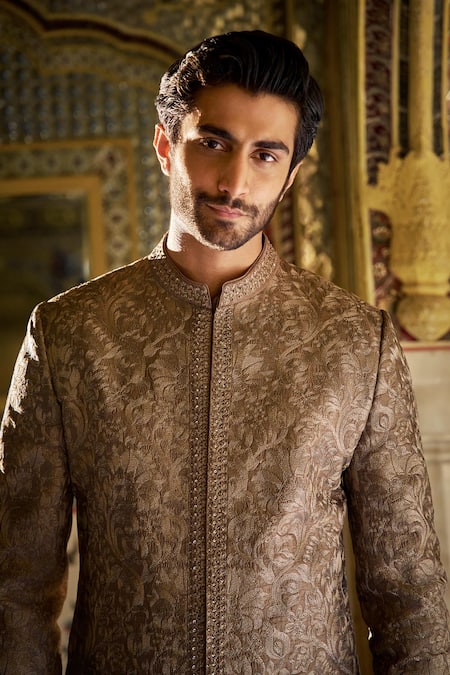 Buy_Seema Gujral_Slate Silk Embroidery Sherwani Set _Online_at_Aza_Fashions