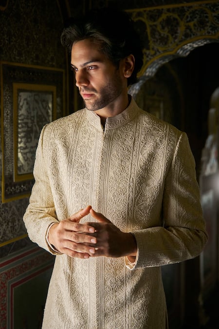 Buy_Seema Gujral_Cream Silk Embroidery Sherwani Set _Online_at_Aza_Fashions