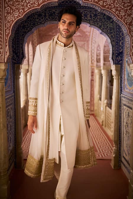 Seema Gujral Ivory Silk, Cotton Embroidery Placement Sherwani Set 