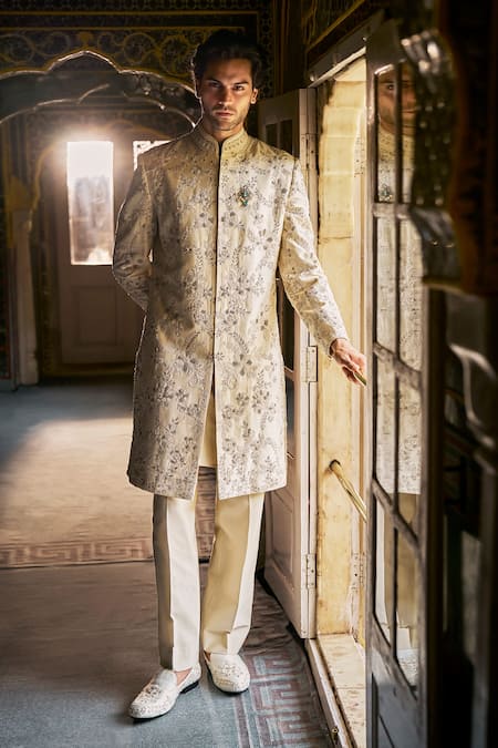 Seema Gujral Ivory Silk, Cotton Embroidery, Brooches, Sequins Jaal Sherwani Kurta Set
