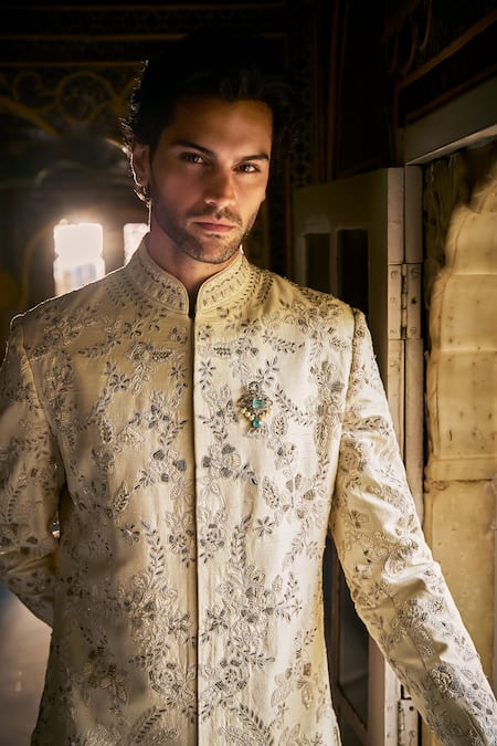 Buy_Seema Gujral_Ivory Silk, Cotton Embroidery, Brooches, Sequins Jaal Sherwani Kurta Set _Online_at_Aza_Fashions
