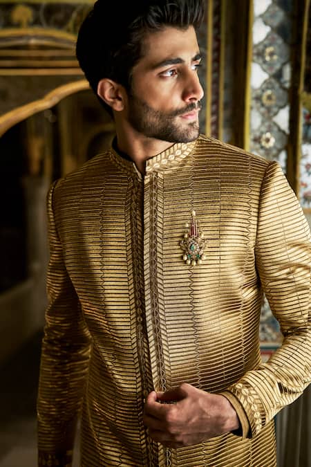 Buy_Seema Gujral_Green Silk Embroidery, Brooches Textured Sherwani Set _Online_at_Aza_Fashions