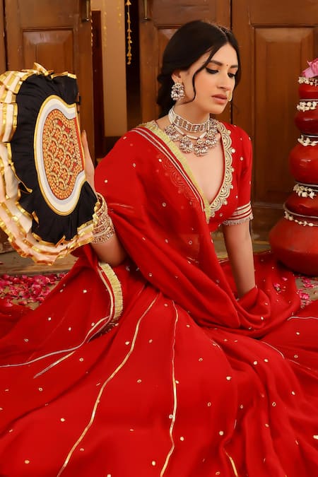 Sanam_Red Chanderi Mirrors, Zari, Embroidery V-neck Lehenga Set _Online_at_Aza_Fashions
