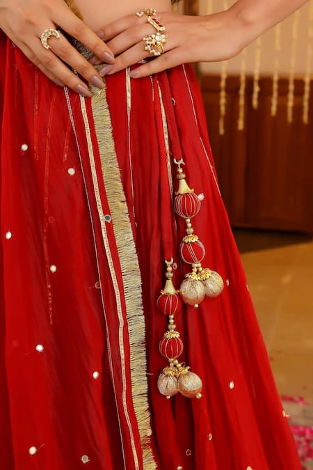 Buy_Sanam_Red Chanderi Mirrors, Zari, Embroidery V-neck Lehenga Set _Online_at_Aza_Fashions