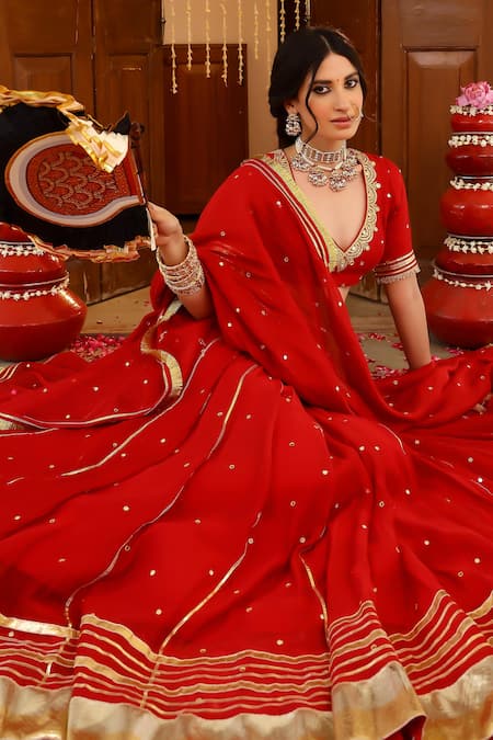 Shop_Sanam_Red Chanderi Mirrors, Zari, Embroidery V-neck Lehenga Set _Online_at_Aza_Fashions