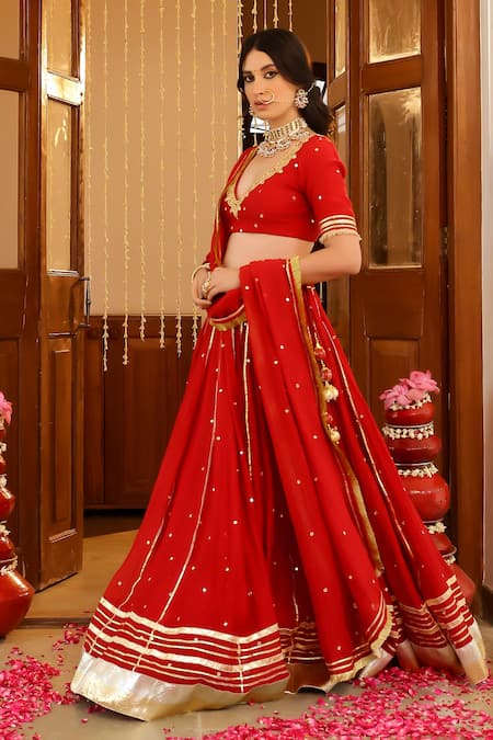 Sanam_Red Chanderi Mirrors, Zari, Embroidery V-neck Lehenga Set _at_Aza_Fashions