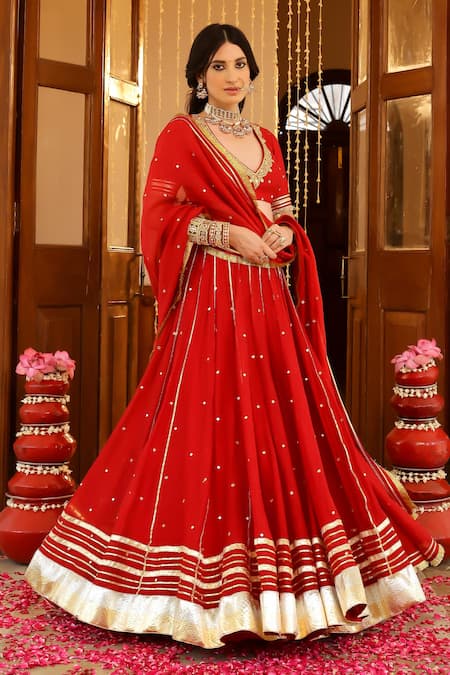 Buy_Sanam_Red Chanderi Mirrors, Zari, Embroidery V-neck Lehenga Set 