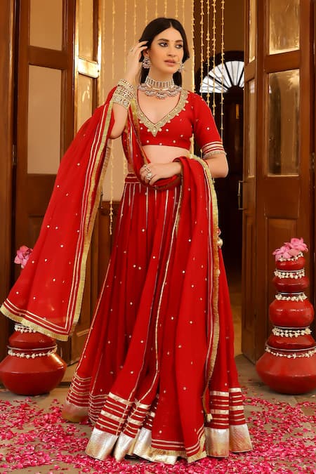 Shop_Sanam_Red Chanderi Mirrors, Zari, Embroidery V-neck Lehenga Set 