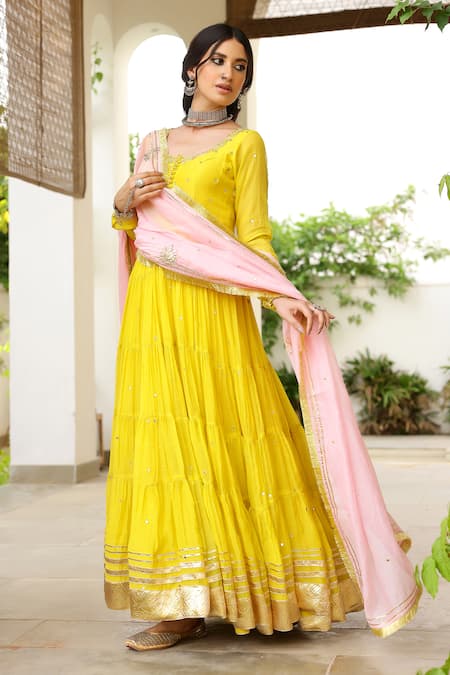 Sanam Yellow Chanderi Zari, Mirrors, Gota Patti Round Neck Embroidered Anarkali Set 