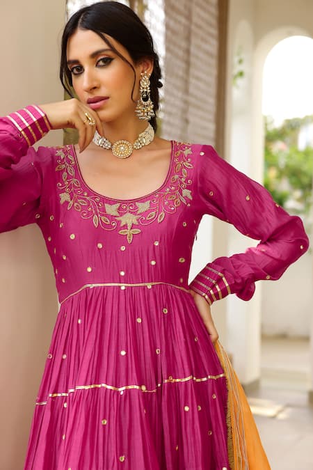 Sanam_Pink Chanderi Mirrors, Embroidery Round Neck Zardozi Anarkali Set _Online_at_Aza_Fashions