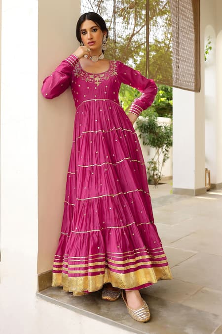 Buy_Sanam_Pink Chanderi Mirrors, Embroidery Round Neck Zardozi Anarkali Set _Online_at_Aza_Fashions