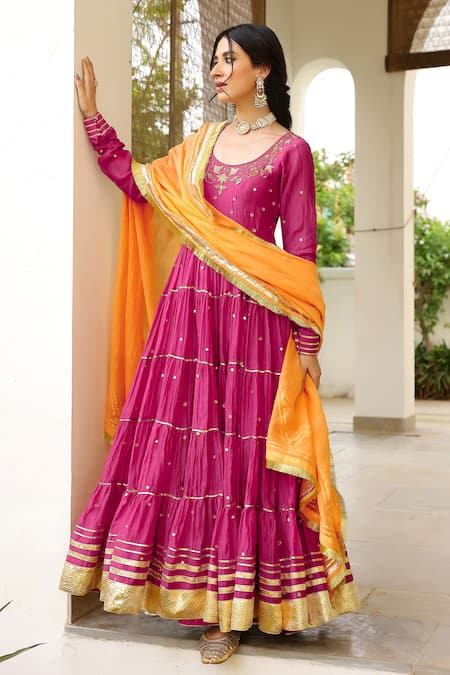 Shop_Sanam_Pink Chanderi Mirrors, Embroidery Round Neck Zardozi Anarkali Set _Online_at_Aza_Fashions