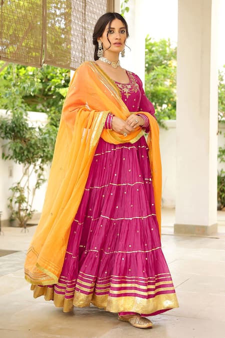 Sanam_Pink Chanderi Mirrors, Embroidery Round Neck Zardozi Anarkali Set _at_Aza_Fashions