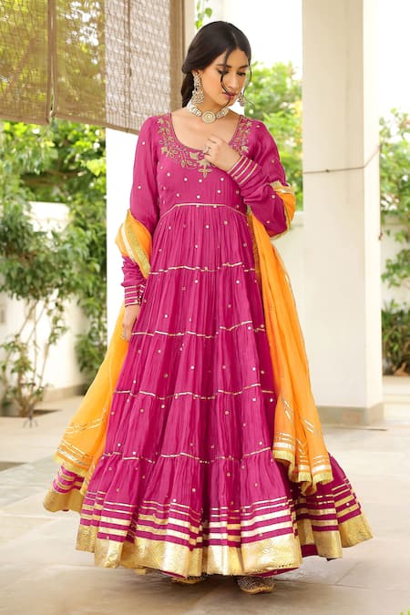 Buy_Sanam_Pink Chanderi Mirrors, Embroidery Round Neck Zardozi Anarkali Set 