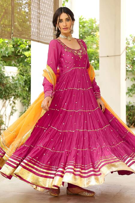 Shop_Sanam_Pink Chanderi Mirrors, Embroidery Round Neck Zardozi Anarkali Set 