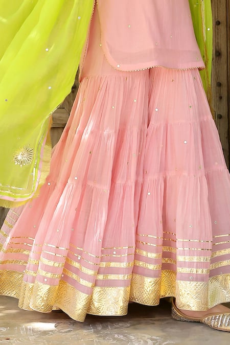 Sanam_Pink Chanderi Embroidery, Zari Round Neck Kurta Set _Online_at_Aza_Fashions