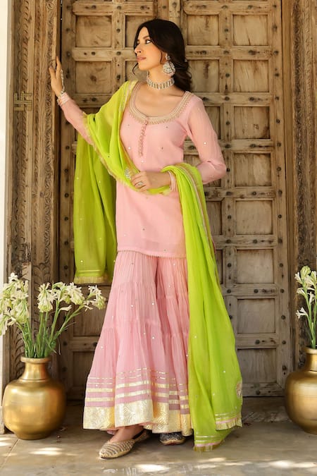 Buy_Sanam_Pink Chanderi Embroidery, Zari Round Neck Kurta Set 