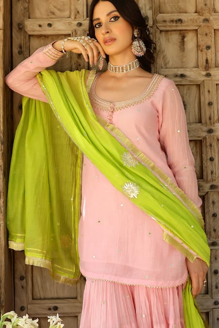 Shop_Sanam_Pink Chanderi Embroidery, Zari Round Neck Kurta Set 